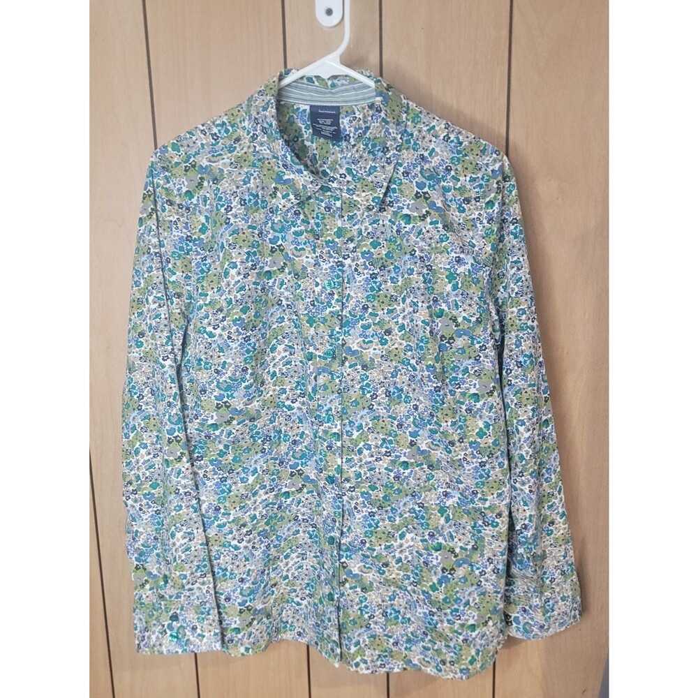 Basic Editions Women's Large Floral Button Up Shirt Blue Green Cottagecore Long